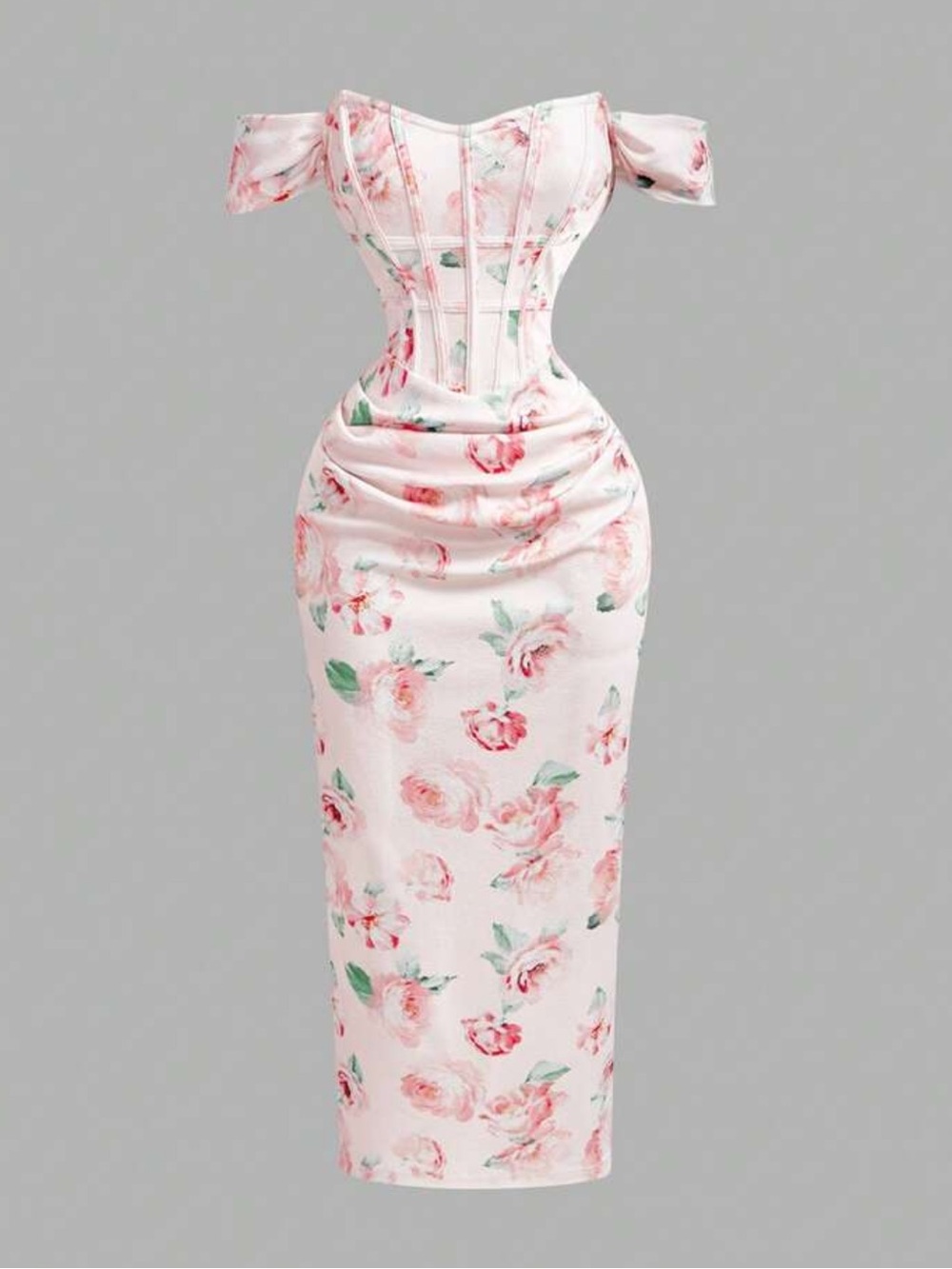 NWOT Pink Floral Off-Shoulder Corset Midi Dress